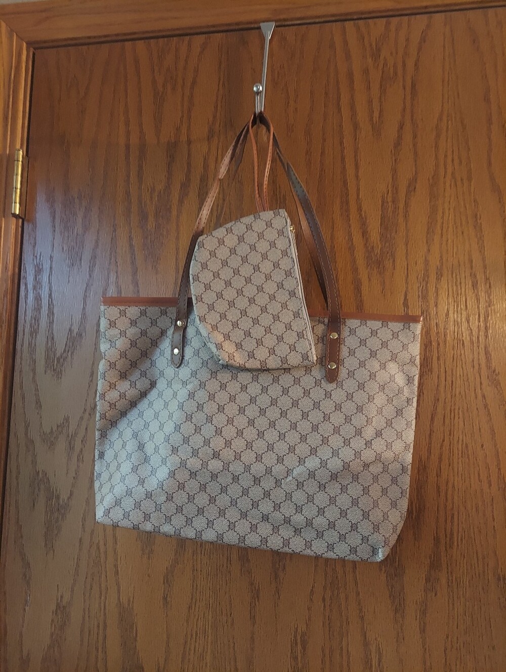 Classic Retro Pattern Tote Bag with Matching Pouch Set - Beige & Brown
